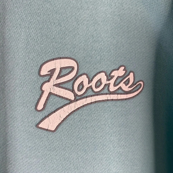VINTAGE Roots Mint Green Zip Hoodie Chest Graphic Logo Pockets Canada Size L - Picture 3 of 11